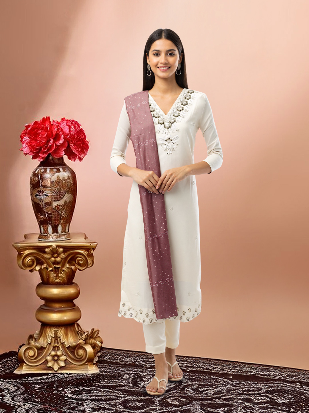 Delicate Embroidery Sequined V-Neck Salwar Suit Set