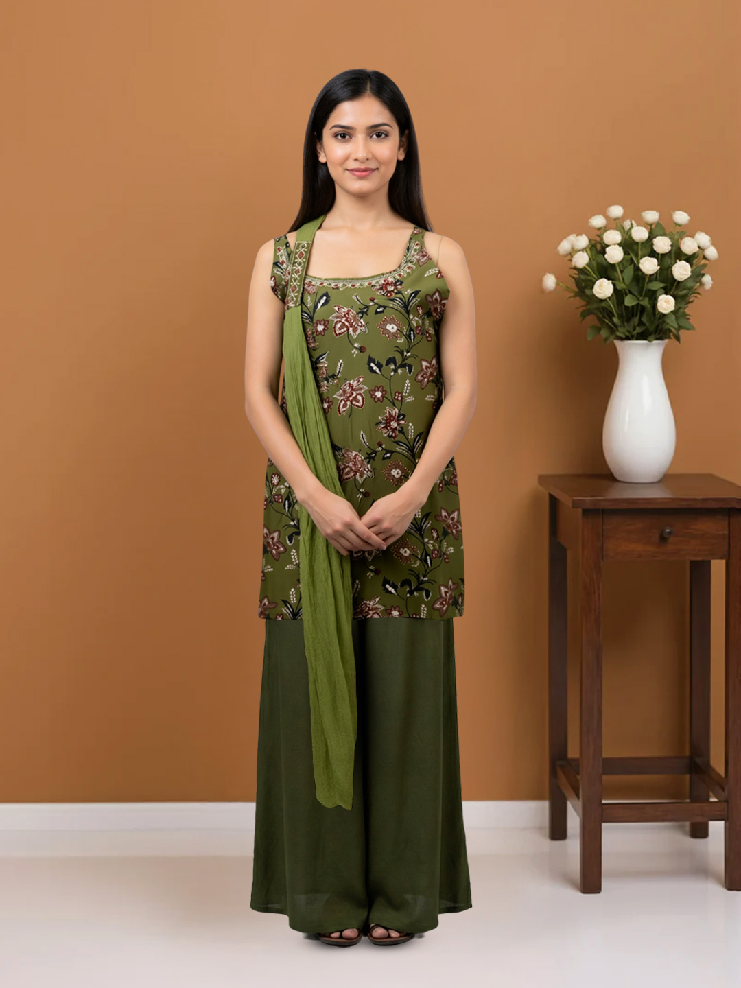 Elegant Floral Embroidered Sleeveless Kurta with Sharara & Dupatta Set