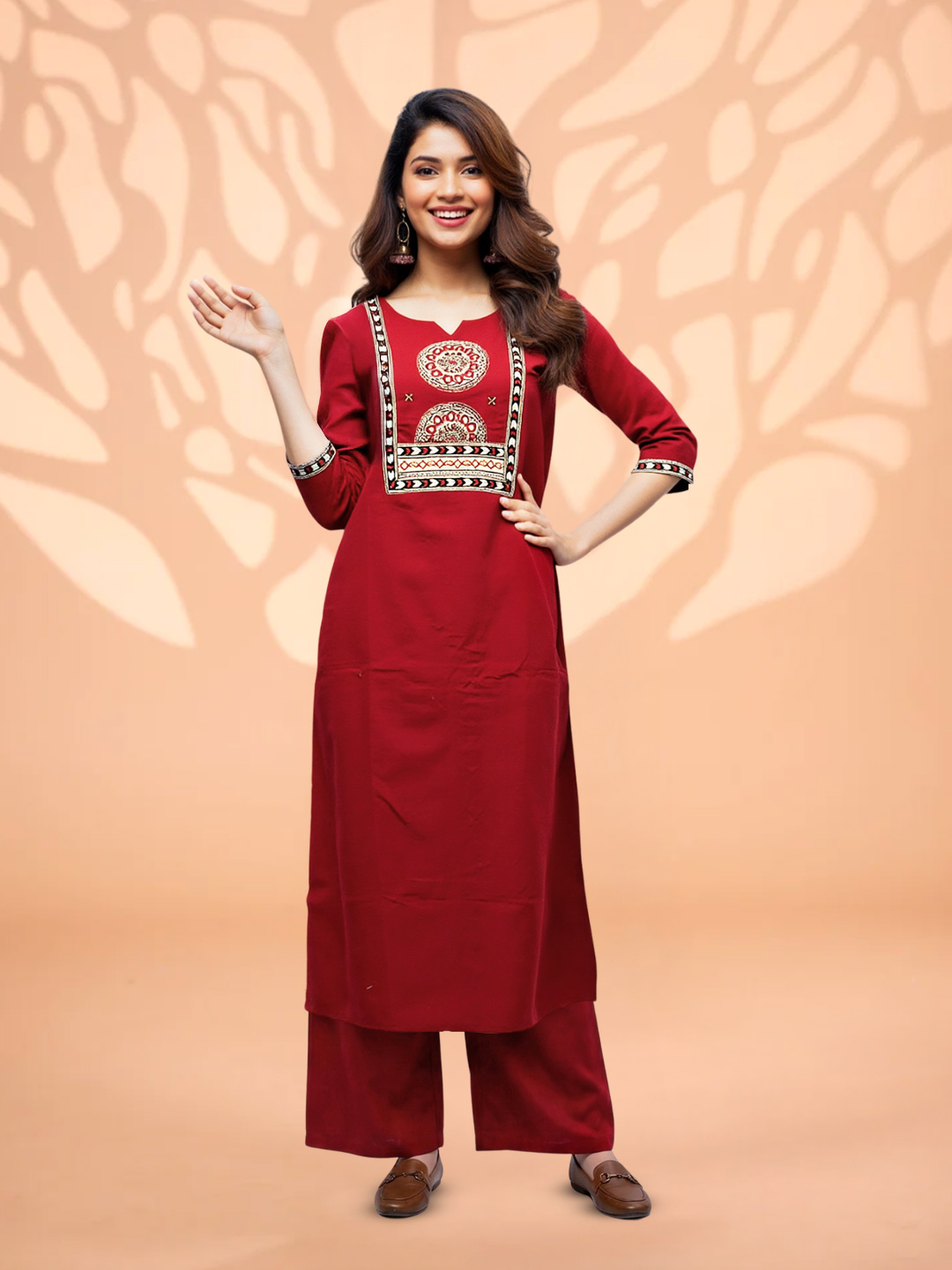 Traditional Embroidery Notched Neckline Kurta with Palazzo Set