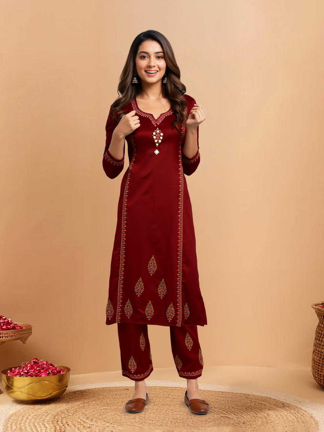 Elegant Ethnic Traditional Notched Neck Kurta with  Pant Set