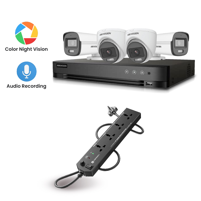 Picture of Hikvision 5 MP 4 CCTV Cameras Combo (2 Indoor & 2 Outdoor CCTV Cameras) (Colour's View with mic) 👨🏻‍🔧With CCTV Installation + 4CH DVR + HDD + Accessories + Power Supply + 90m Cable + Power Strip 