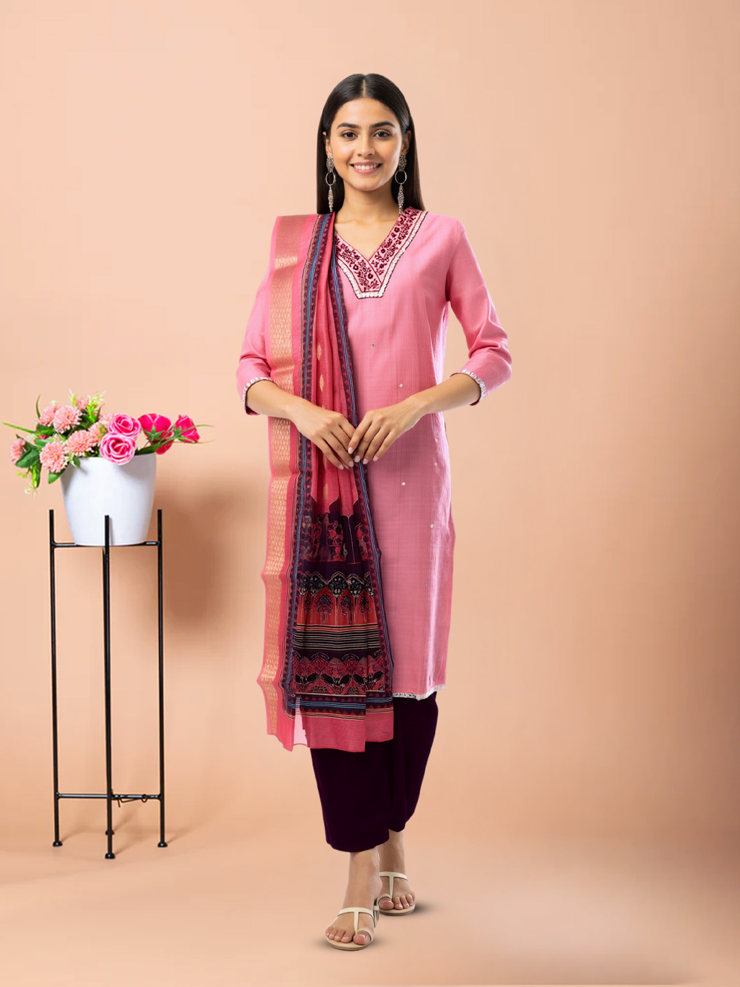 Floral  Embroidery V-Neck Kurta with Pant & Printed Dupatta Set