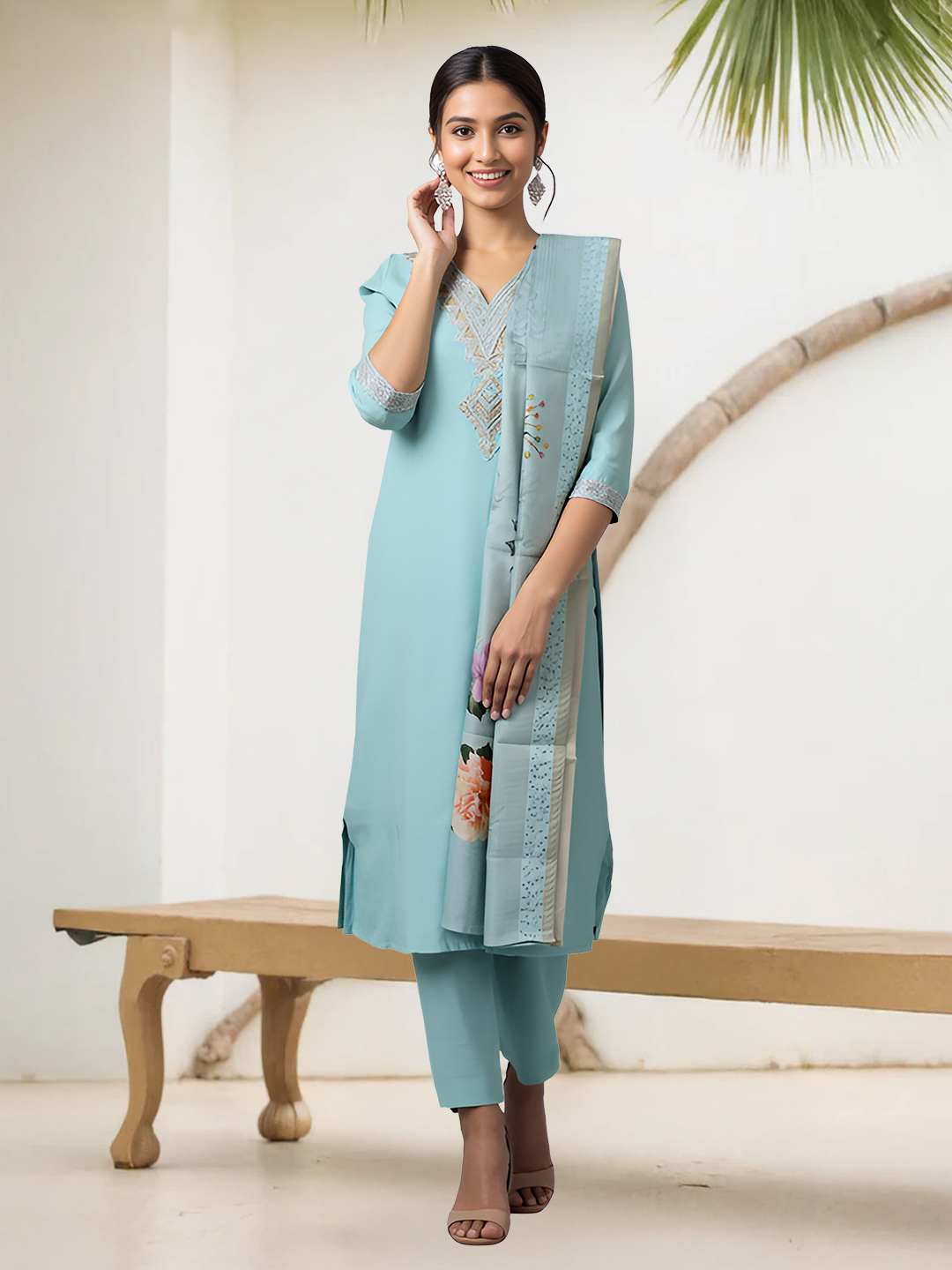 Elegant Delicate Embroidery V-Neck Kurta with Pant & Floral Printed Dupatta Set