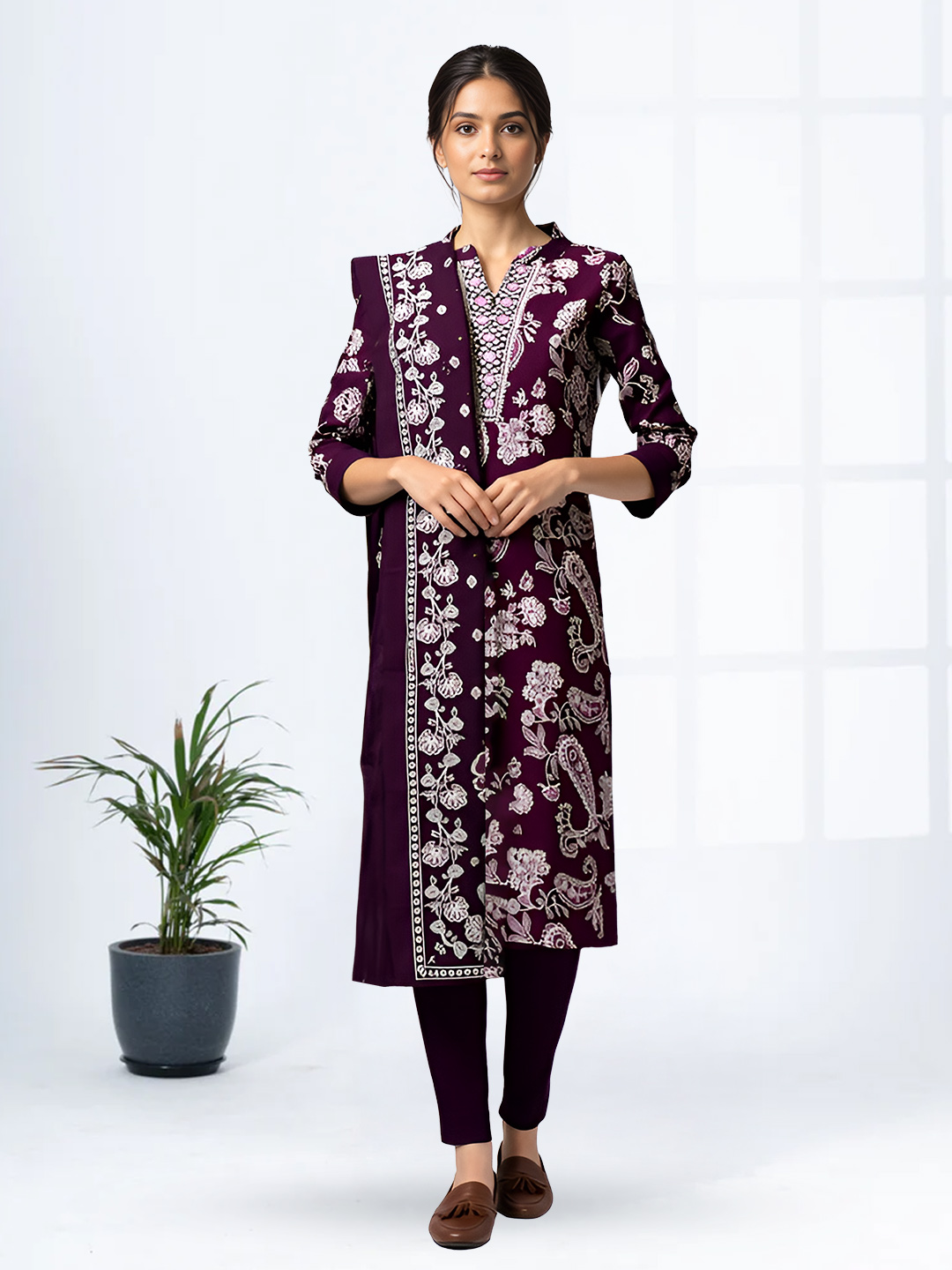 Elegant Floral Motifs V-Slit Neck Embroidery  Salwar Suit Set