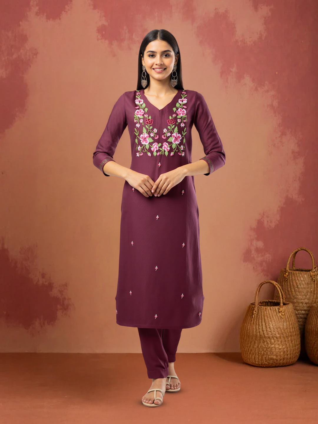 Floral Embroidery Yoke V-Neck Kurta with Pant Set