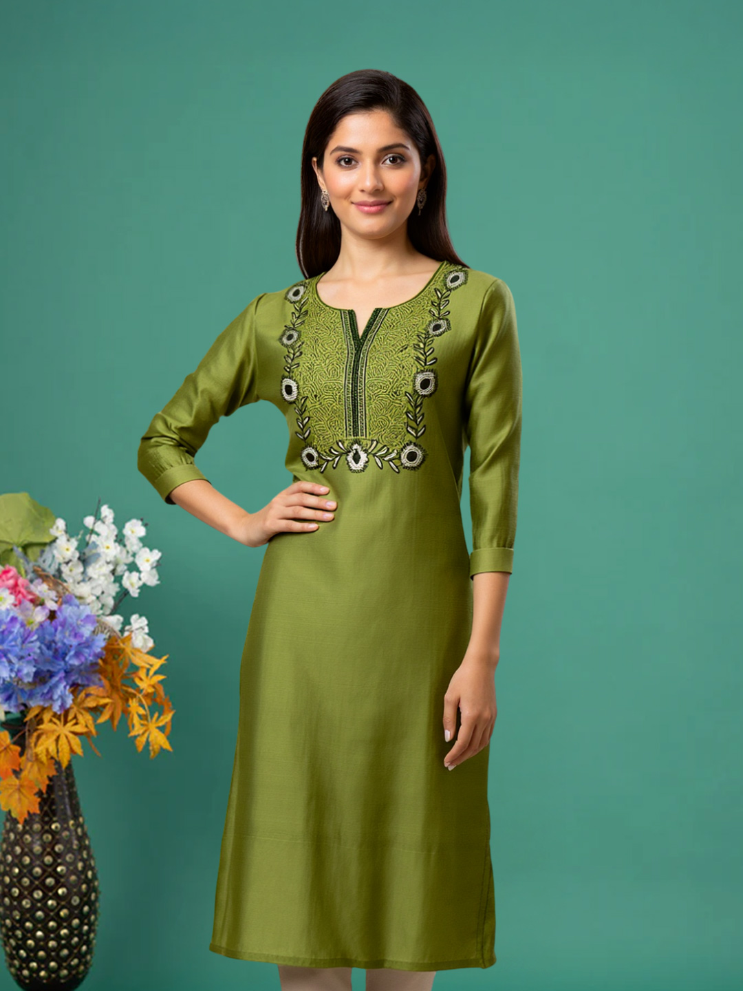 Stylish Embroidered Notched Neck Kurta 