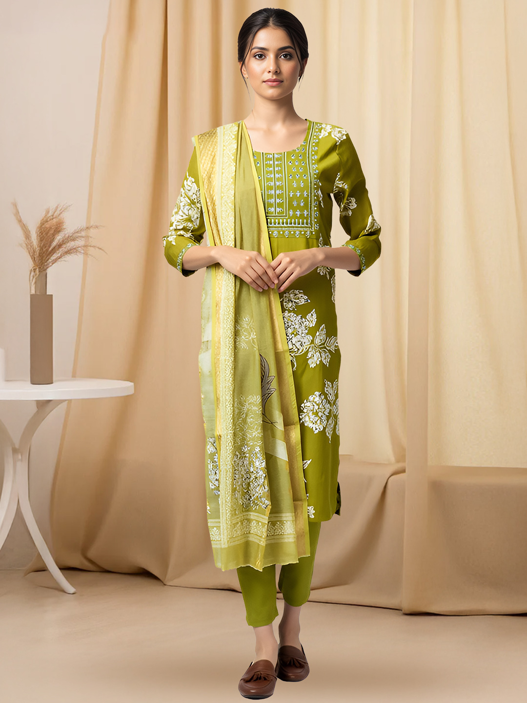 Floral Print Intricately Embroidered Neckline Salwar Suit Set