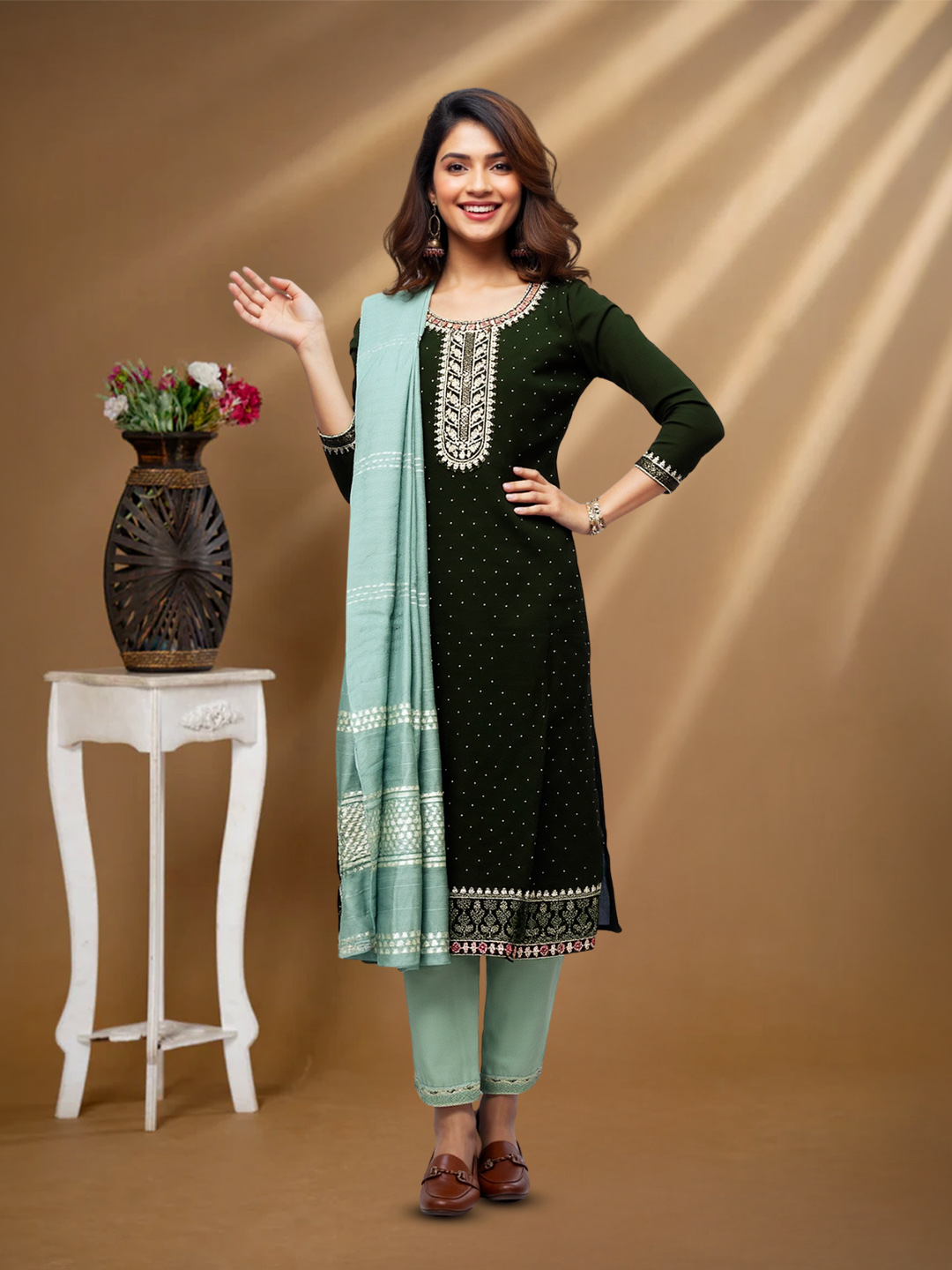Floral Embroidered Comfortable Fit Kurta with Pant & Dupatta Set