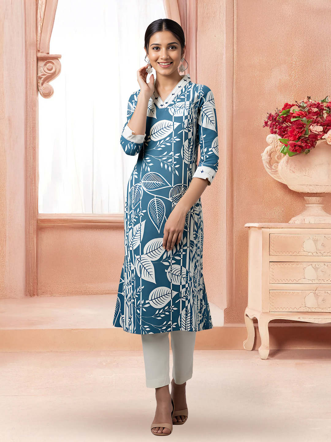 Printed Elegant V-Neckline Kurta with Pant Set