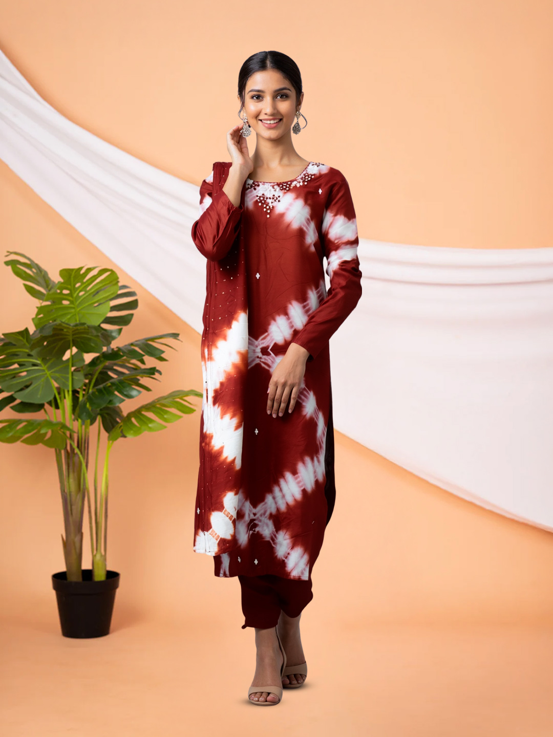 Stylish Tie-Dye Kurta Embellished Embroidered Salwar Suit Set