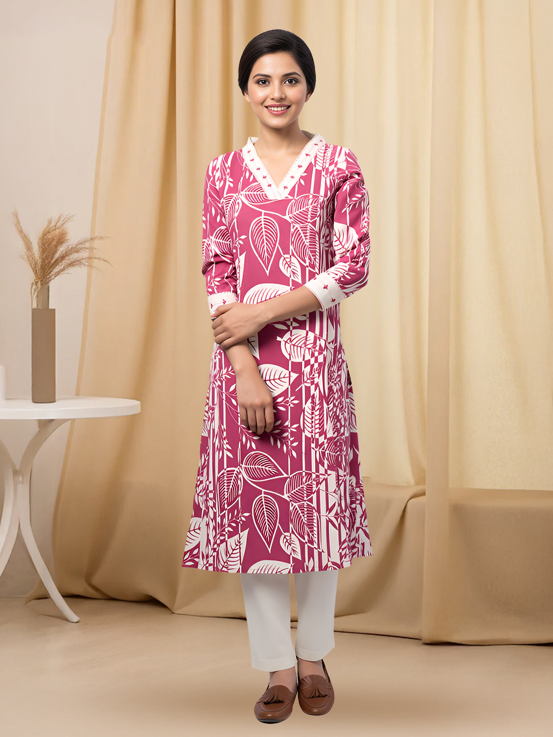 Elegant  Leaf Printed  V-Neckline Kurta with Pant Set