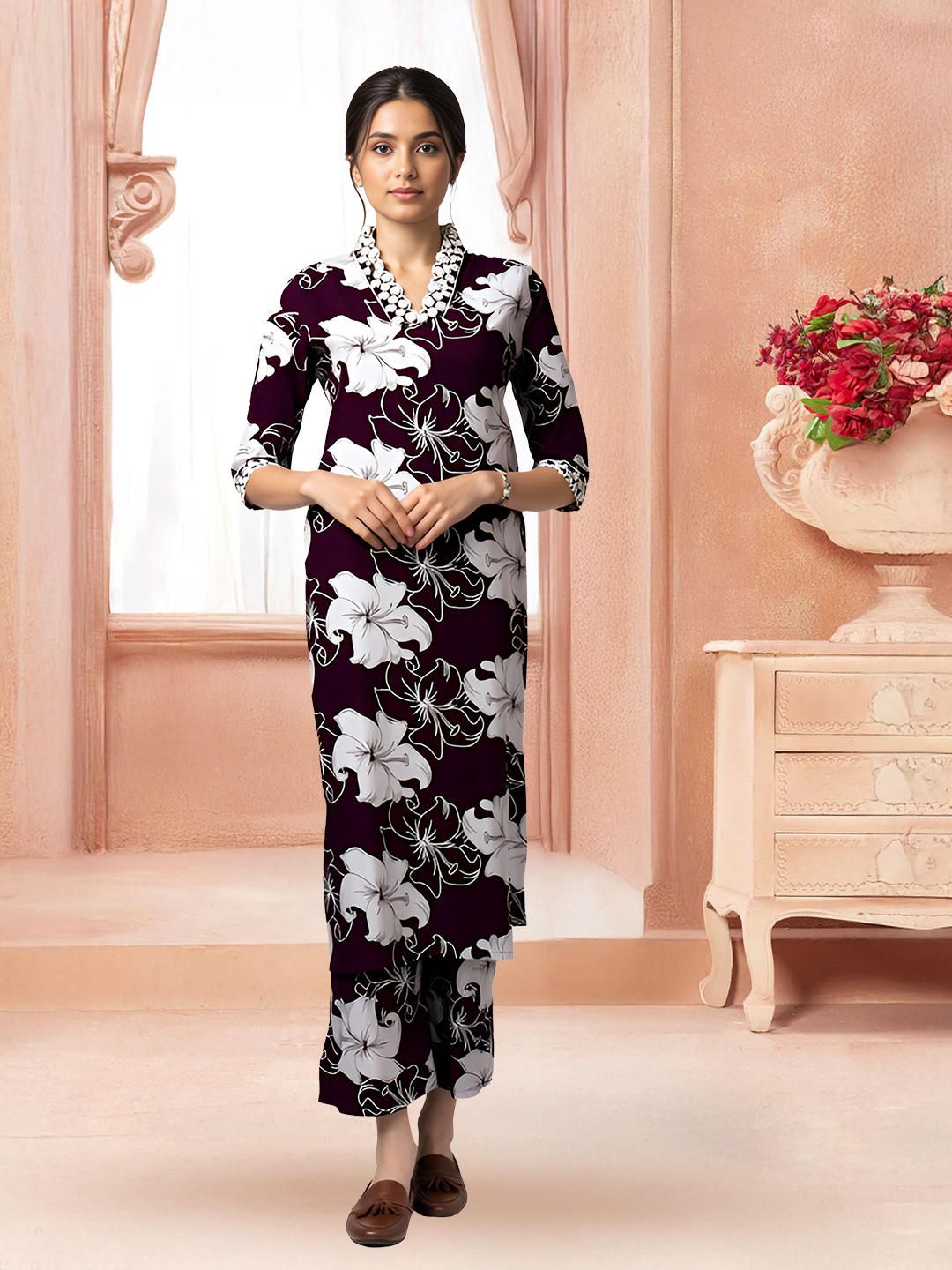 Ethnic  Floral Printed Modern V-Neck Kurta with Pant Co-Ord Set