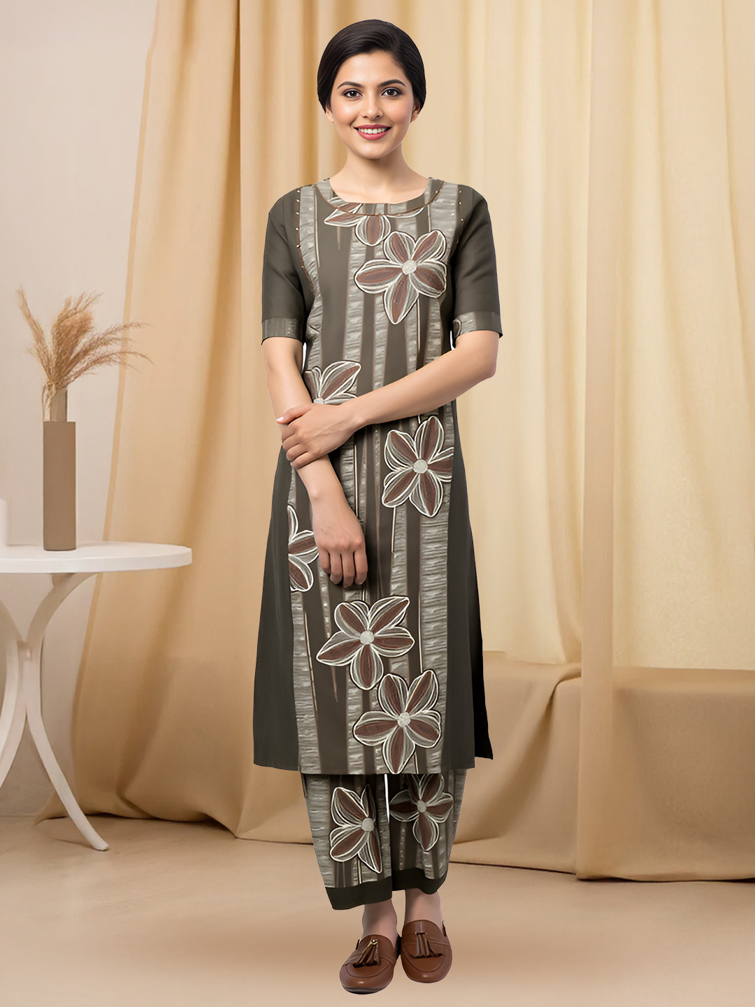 Floral Motifs Vertical Stripe Pattern Kurta with Pant Set