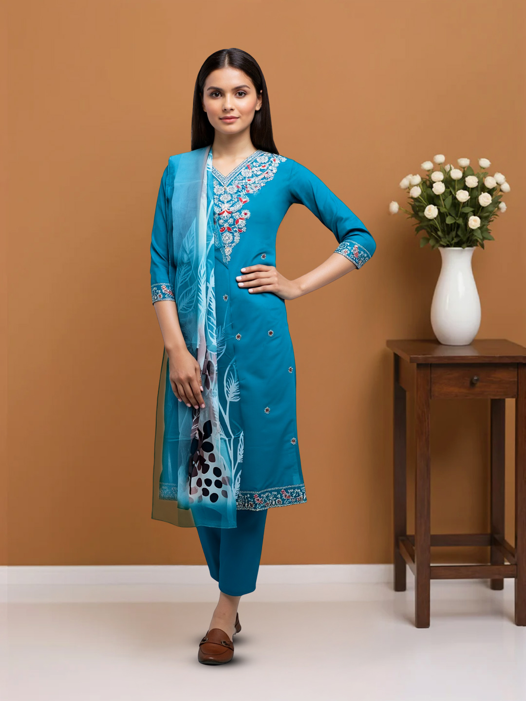 Elegant Embroidery Ethnic  Kurta with Pant & Floral Dupatta Set
