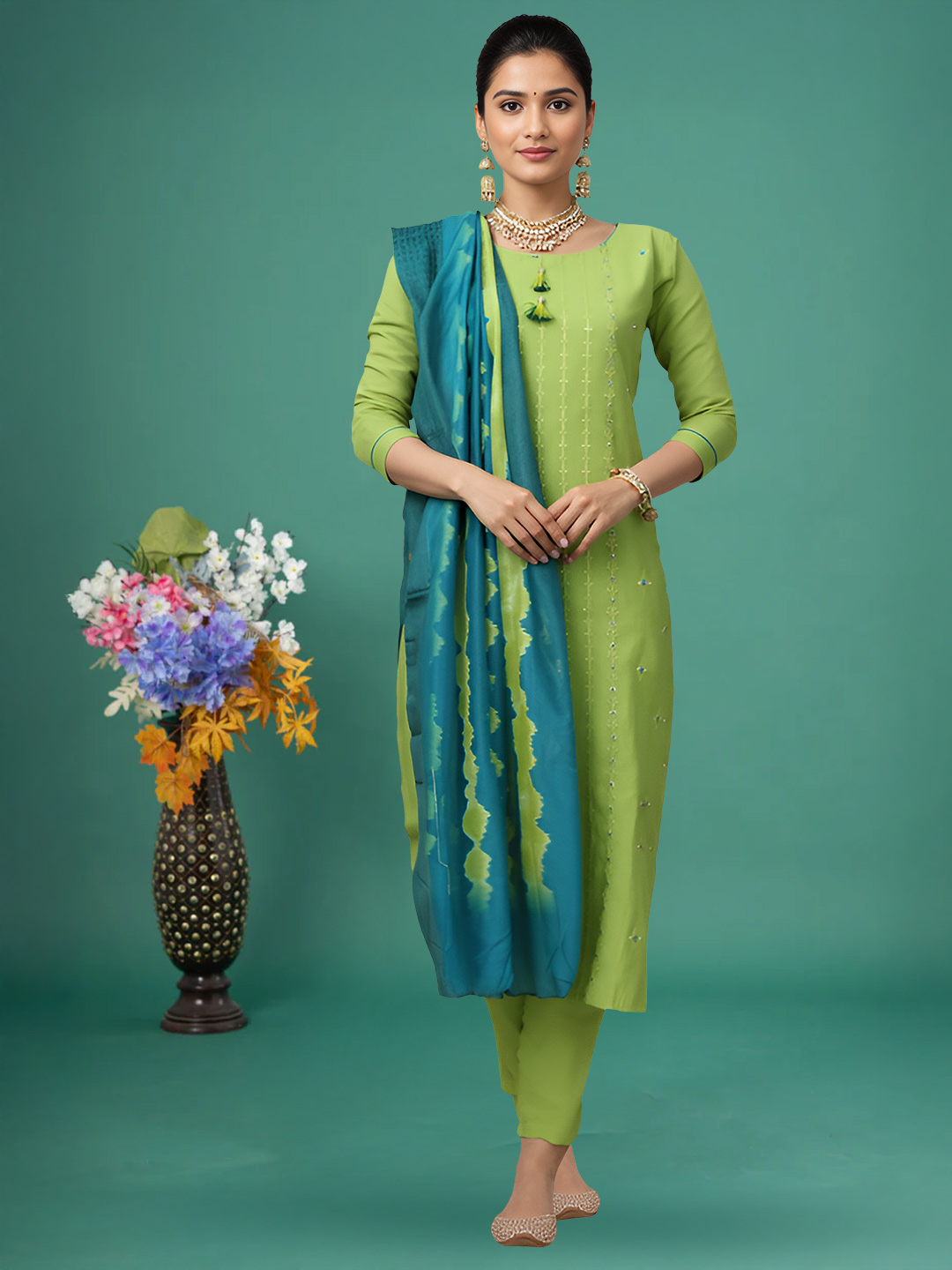 Stylish Tassel Neck Kurta with Pant & Dupatta Set