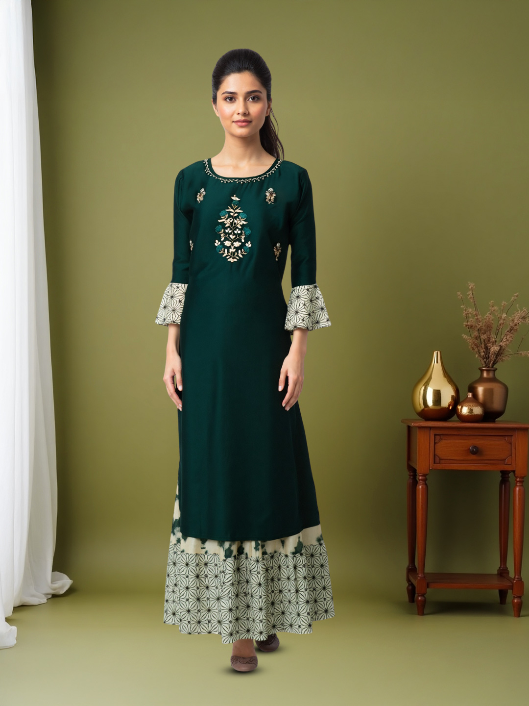 Embroidery Bell Sleeves Long Kurti with Sharara Set