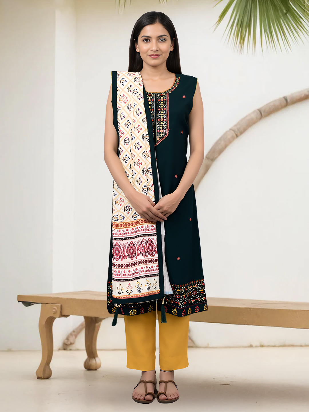 Embroidered Round Neckline Sleeveless Salwar Suit Set