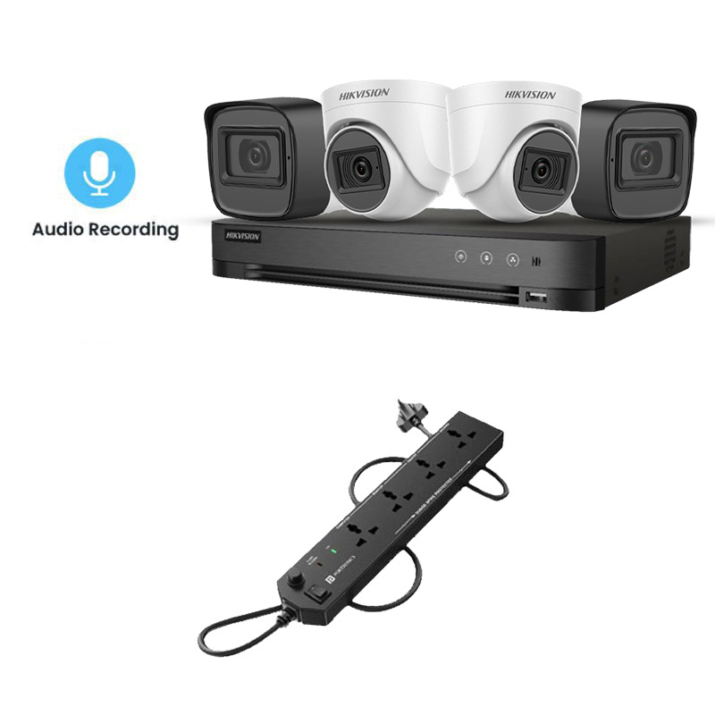 Picture of Hikvision 5 MP 4 CCTV Cameras Combo (2 Indoor & 2 Outdoor CCTV Cameras) (Normal View with Mic) 👨🏻‍🔧with CCTV Installation + 4CH DVR + HDD + Accessories + Power Supply + 90m Cable + Power Strip
