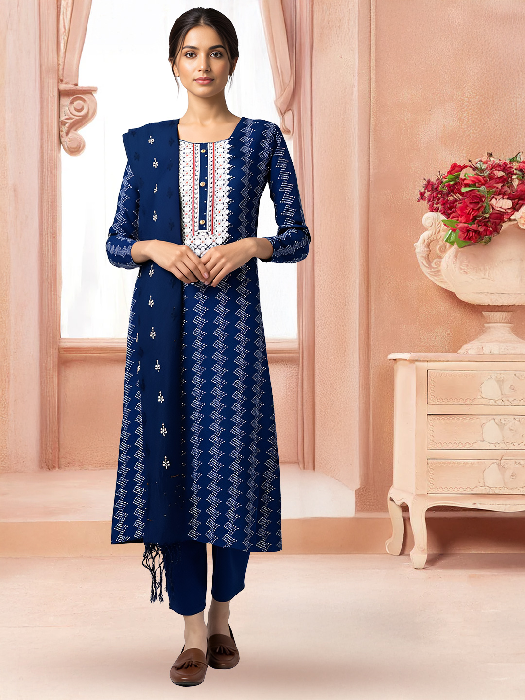 Ethnic Geometric Printed Embroidered  Neckline Salwar Suit Set