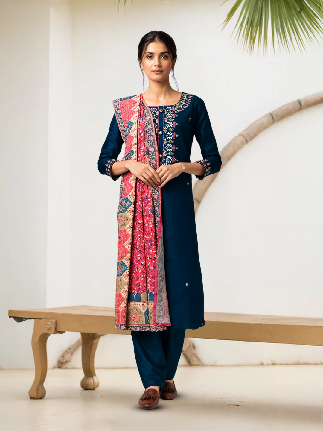 Delicate Embroidered Motifs Mirror Work Salwar Suit Set