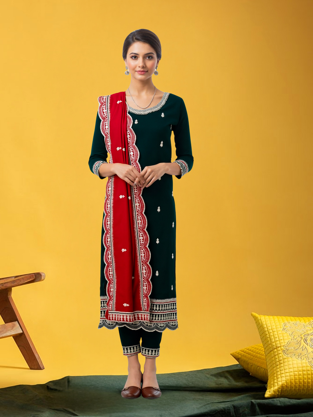 Intricate Embroidery Classic Straight Fit Kurta with Pant & Embroidered Dupatta Set