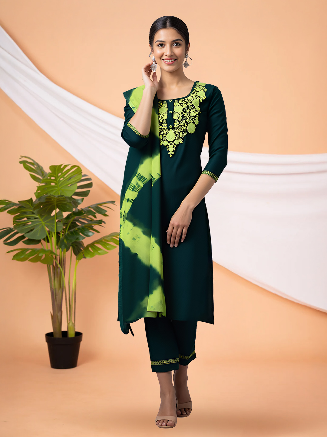 Floral Neckline Embroidery Straight-Cut Kurta with Pant & Dupatta Set