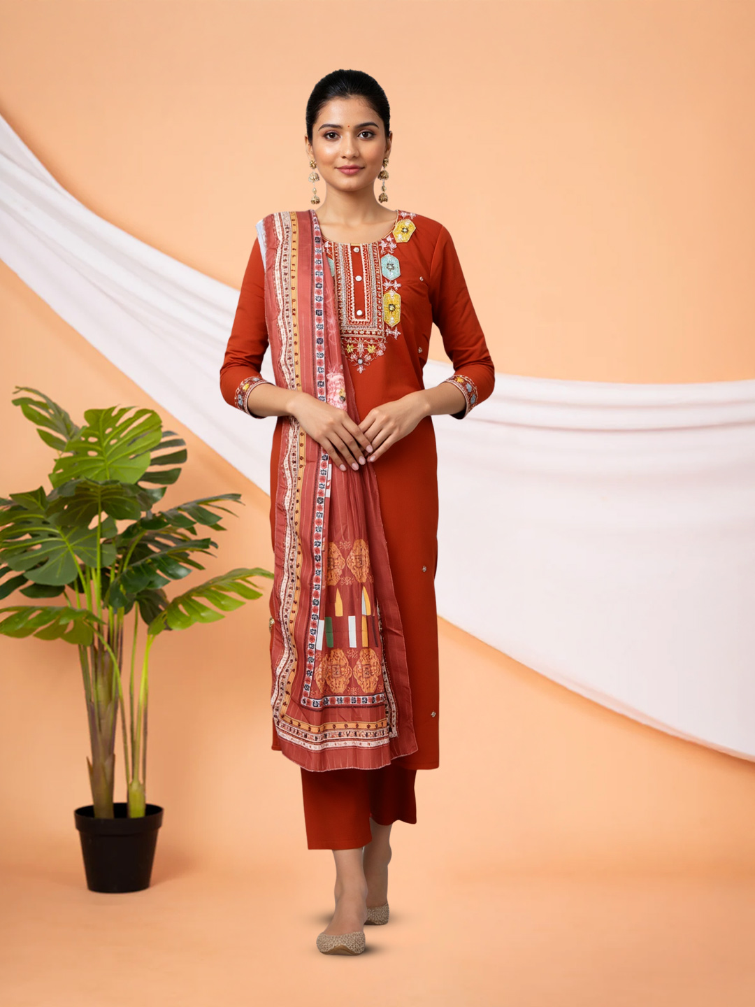 Embellished Yoke Round Neck Salwar Suit Set