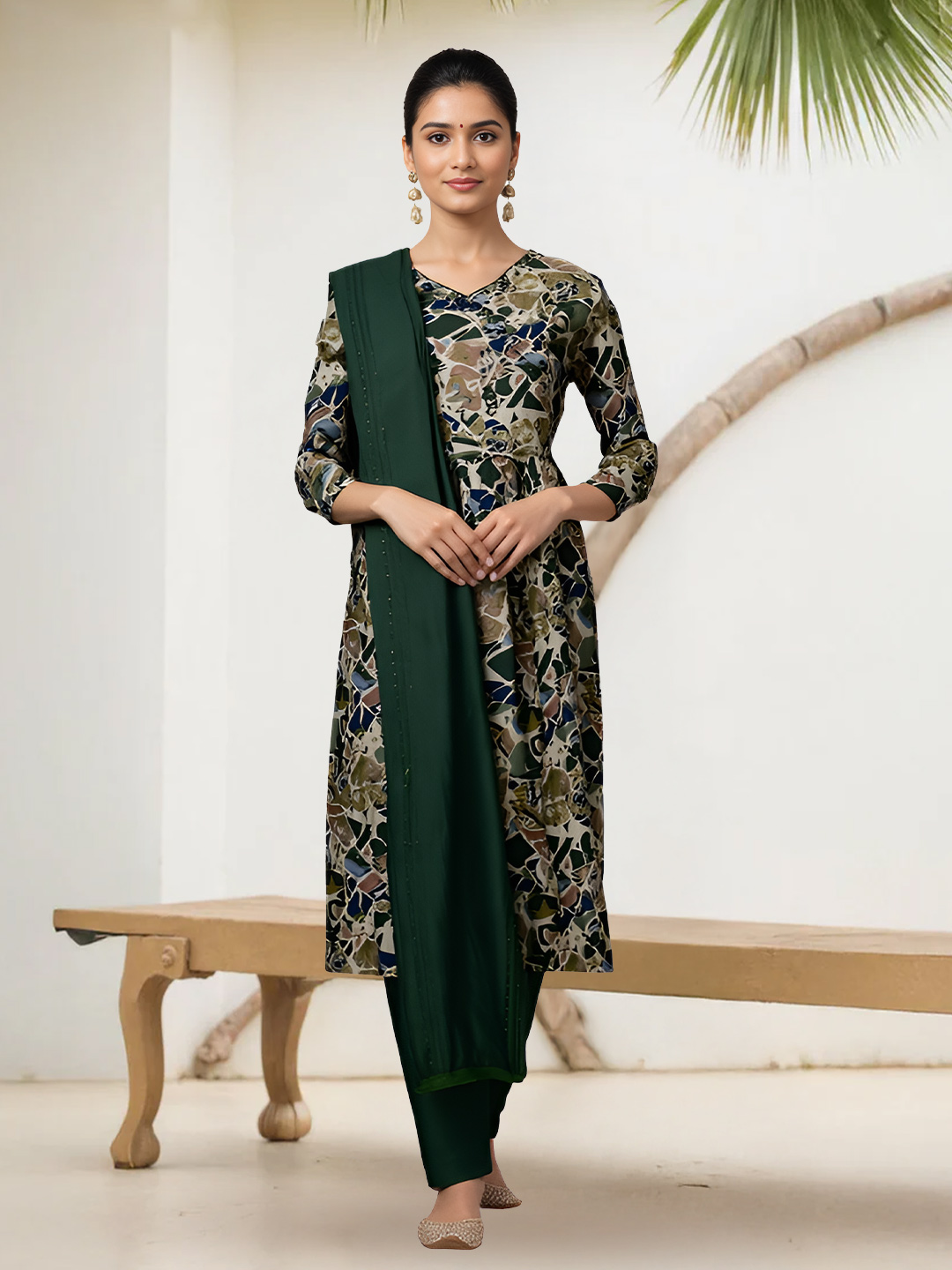 Multicolor Printed  V-Neck Salwar Suit Set