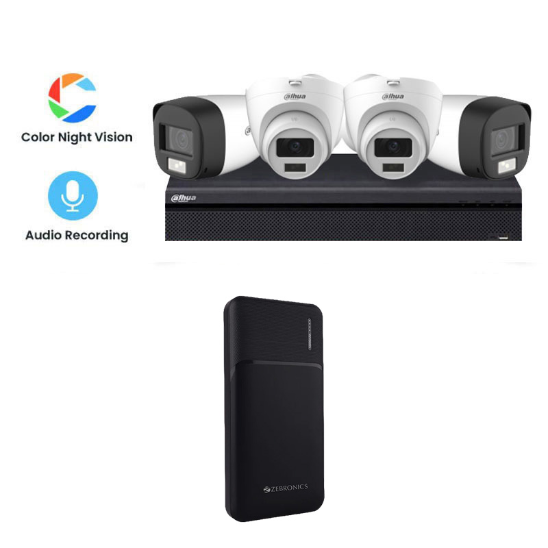 Picture of Dahua 4 CCTV Cameras Combo (2 Indoor & 2 Outdoor CCTV Cameras) (Colour View With Mic) 👨🏻‍🔧 With CCTV Installation + 4CH DVR + HDD + Accessories + Power Supply + 90m Cable  +Power Bank