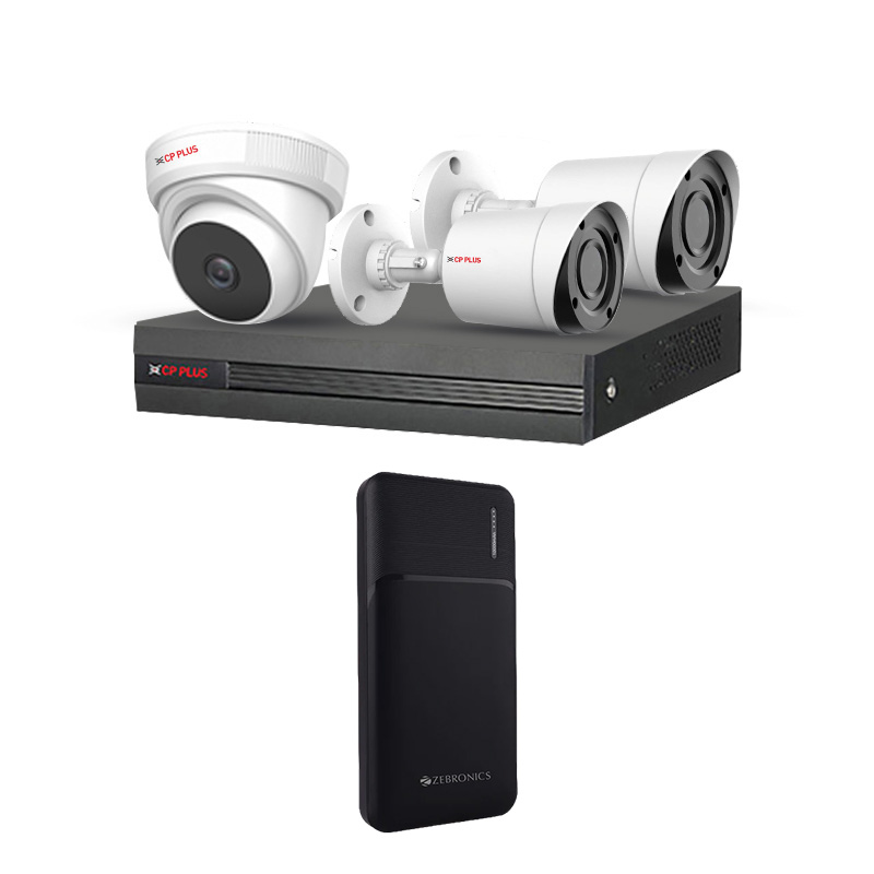 Picture of CP PLUS 3 CCTV Cameras Combo (1 Indoor & 2 Outdoor CCTV Cameras with mic) + DVR + HDD + Accessories + Power Supply + 60m Cable + Power Bank