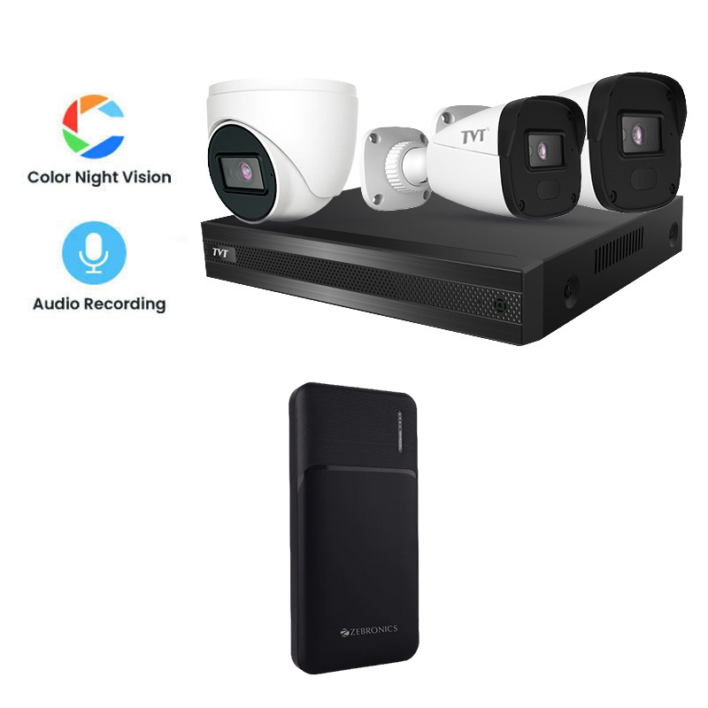 Picture of TVT 3 CCTV Cameras Combo (1 Indoor & 2 Outdoor CCTV Cameras) (Colour View With Mic) 👨🏻‍🔧 With CCTV Installation + DVR + HDD + Accessories + Power Supply + 60m Cable + Power Bank