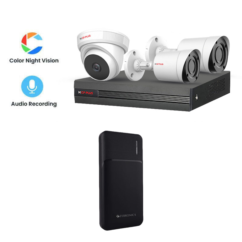 Picture of CP PLUS 3 CCTV Cameras Combo (1 Indoor & 2 Outdoor CCTV Cameras) (Colour View With Mic) 👨🏻‍🔧 With CCTV Installation + DVR + HDD + Accessories + Power Supply + 60m Cable  + Power Bank