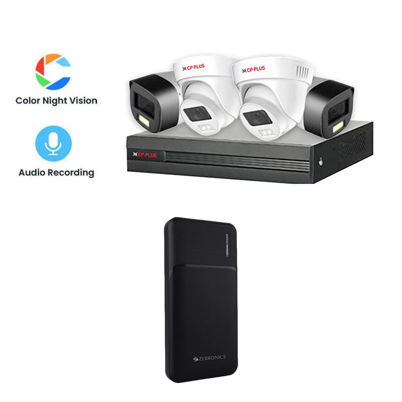 Picture of CP PLUS 4 CCTV Cameras Combo (2 Indoor & 2 Outdoor CCTV Cameras) (Colour's View with mic) + DVR + HDD + Accessories + Power Supply + 90m Cable + Power Bank