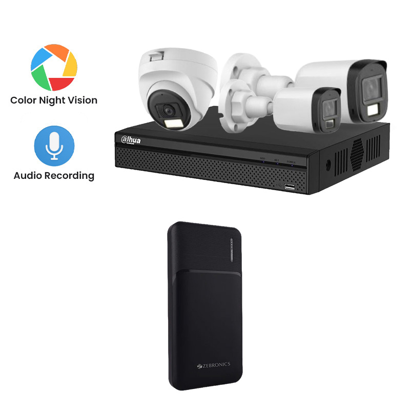 Picture of Dahua 3 CCTV Cameras Combo (1 Indoor & 2 Outdoor CCTV Cameras) (Colour View With Mic) 👨🏻‍🔧 With CCTV Installation + 4CH DVR + HDD + Accessories + Power Supply + 60m Cable  +Power Bank