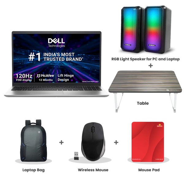 Dell DC15250 - 13th Gen Intel Core i7 15.6" (39.62cm) Thin & Light Laptop (16GB/ 512GB SSD/ Full HD Display/ Windows 11 Home/ MS Office 2024/ Intel UHD Graphics/ Backlit Keyboard / 1 Year Warranty/ Platinum Silver/ 1.65kg) RGB Light Speaker for PC and Laptop + Laptop Table + Laptop Bag + Wireless Mouse + Mouse Pad