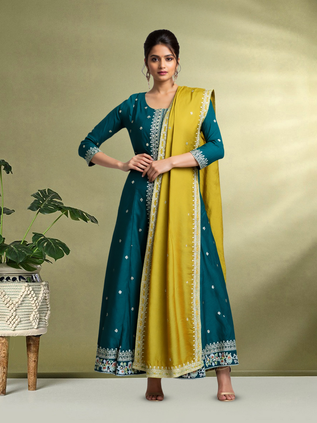 Round Neck Floral Embroidery Anarkali  Salwar Suit Set