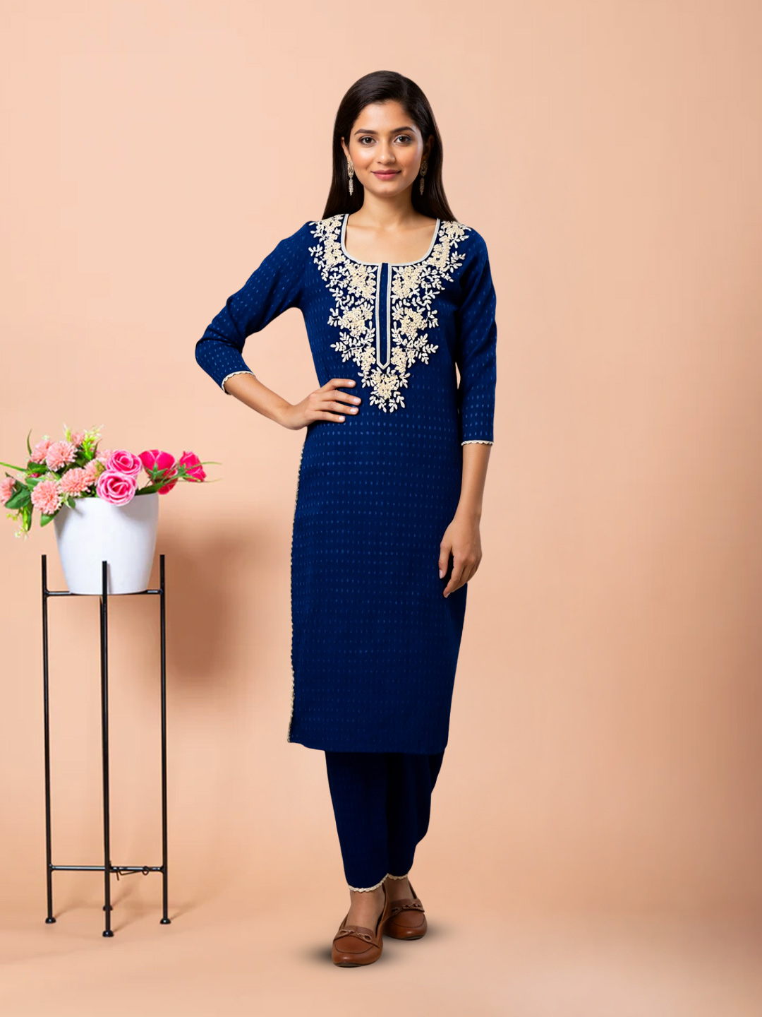 Round Neck Embroidered Straight-Cut Kurta with Pant Set