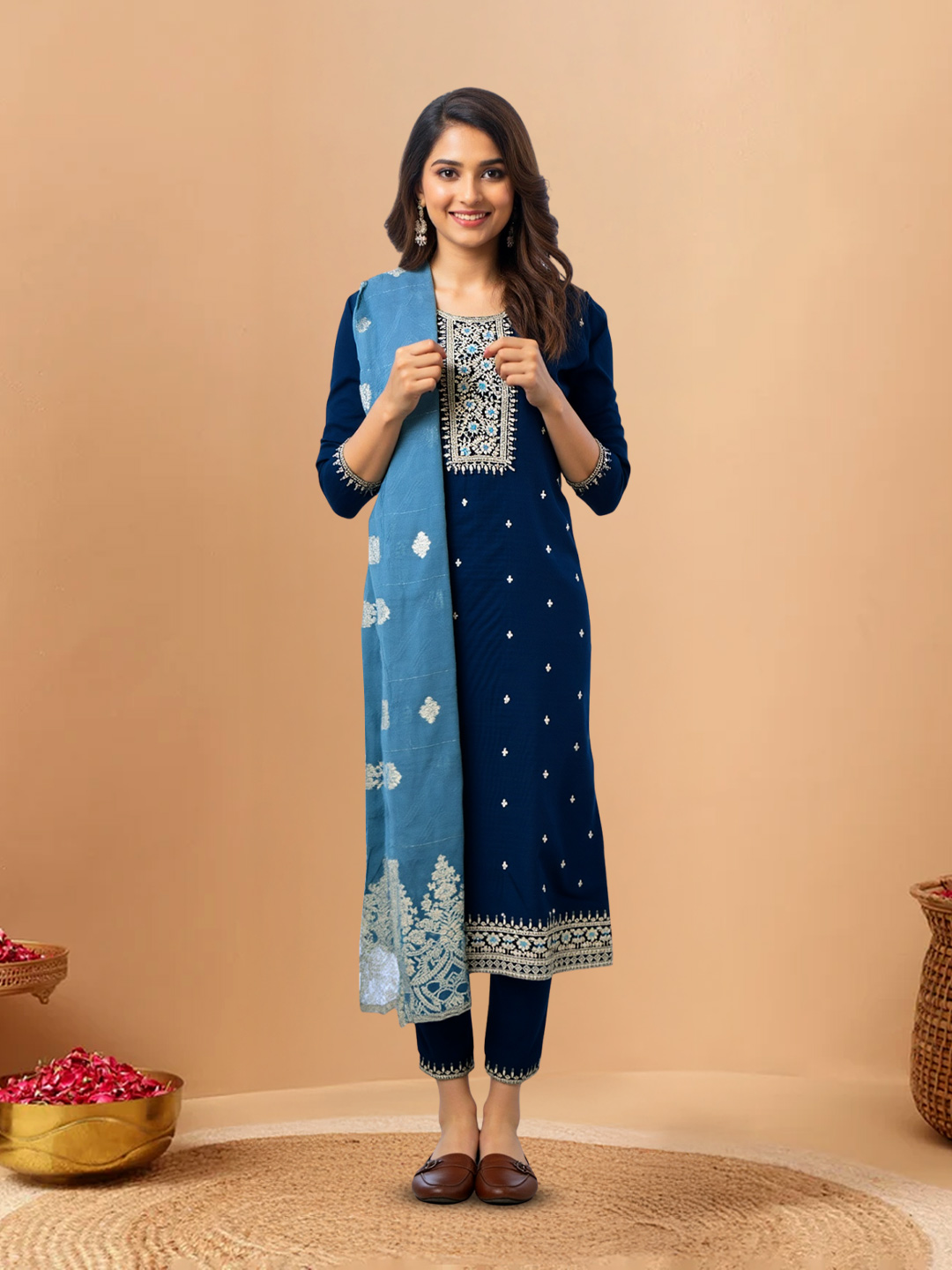 Embroidered Motifs Neckline Straight-Cut  Salwar Suit Set