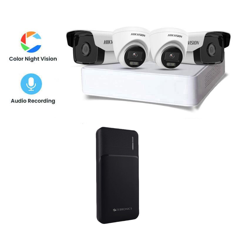 Picture of Hikvision 4 CCTV Cameras Combo (2 Indoor & 2 Outdoor CCTV Cameras) (Colour's View with mic) 👨🏻‍🔧With CCTV Installation + 4CH DVR + HDD + Accessories + Power Supply + 90m Cable +  Power Bank