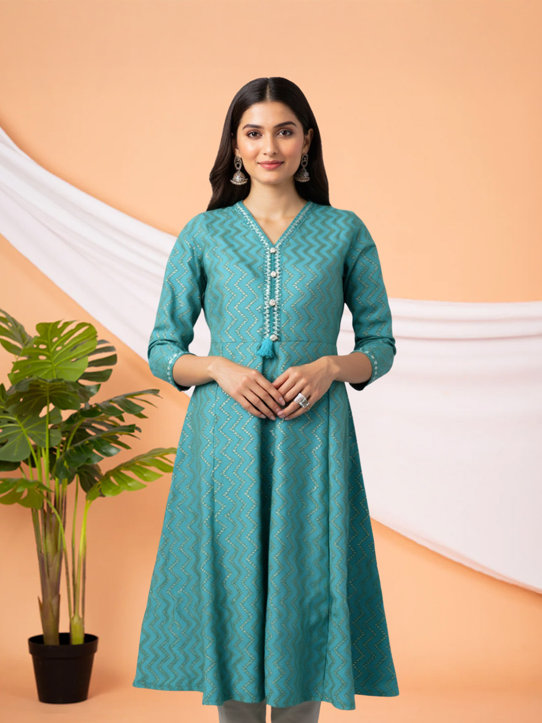 Zigzag Printed V-Neck Anarkali Kurta