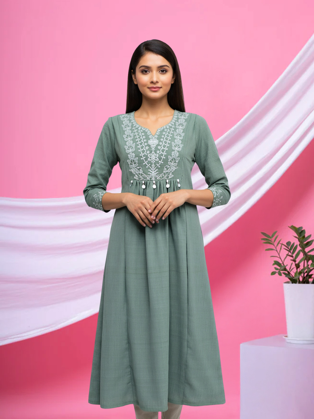Notched Round Neck A-line Kurta