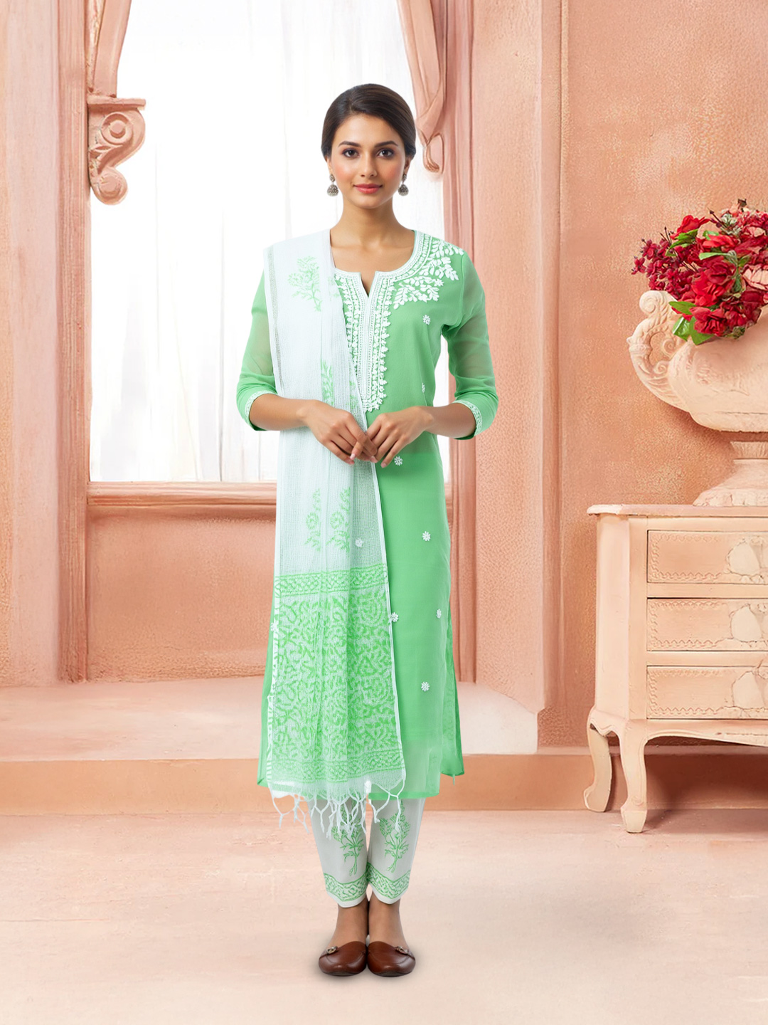 Elegant Embroidery Yoke Notched Neck Salwar Suit Set
