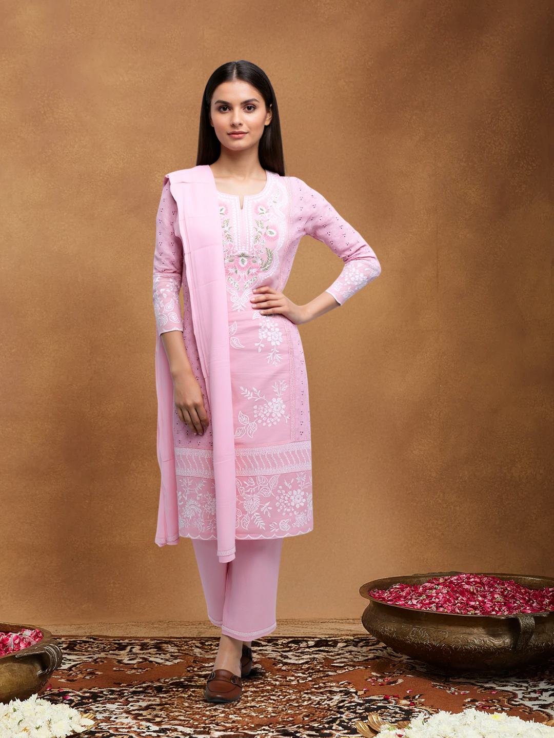 Embroidered Notched Neck Straight-cut kurta with Palazzo Dupatta Set
