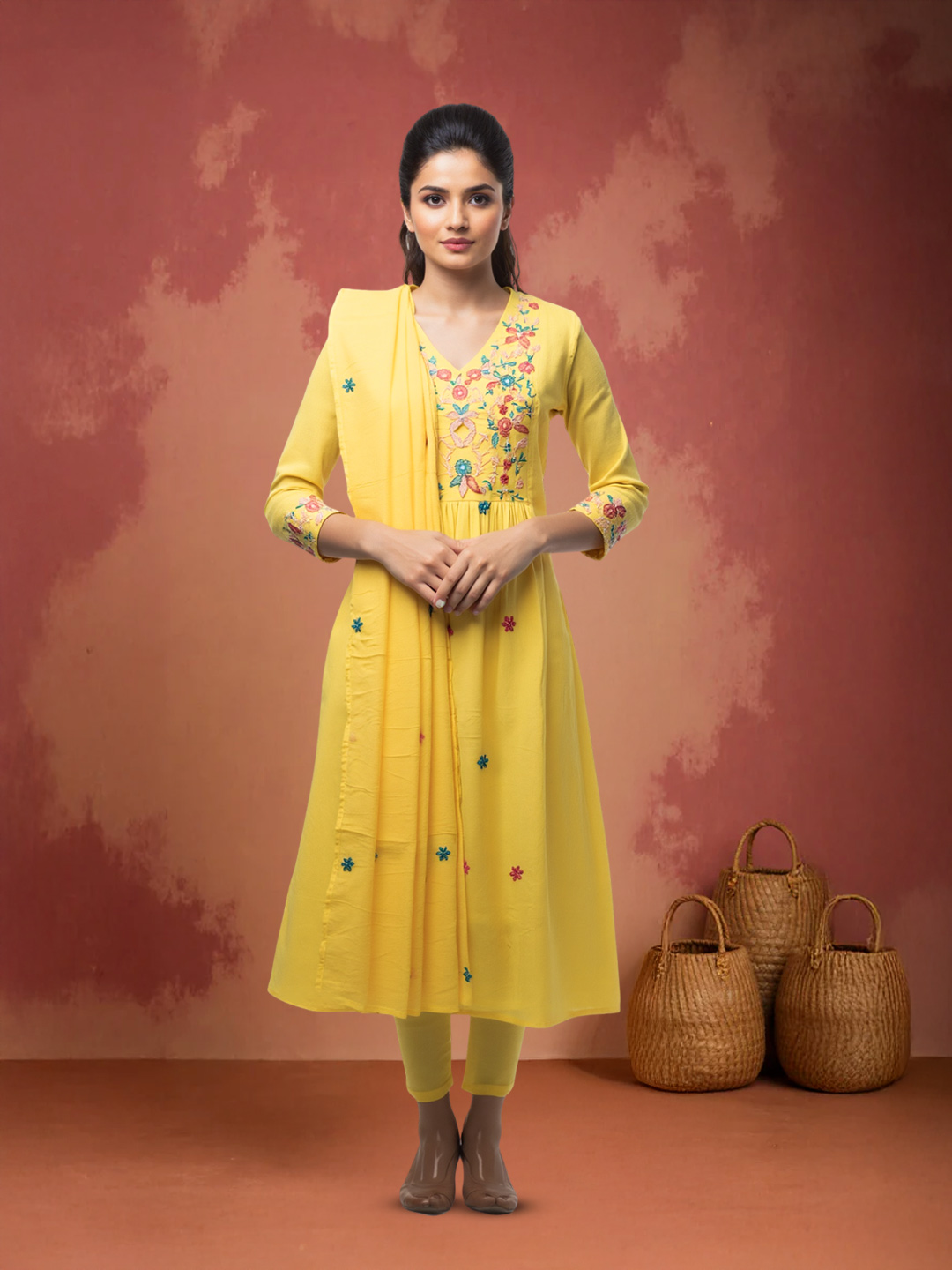 Embroidered V-Neck Graceful Flare Anarkali kurta Set