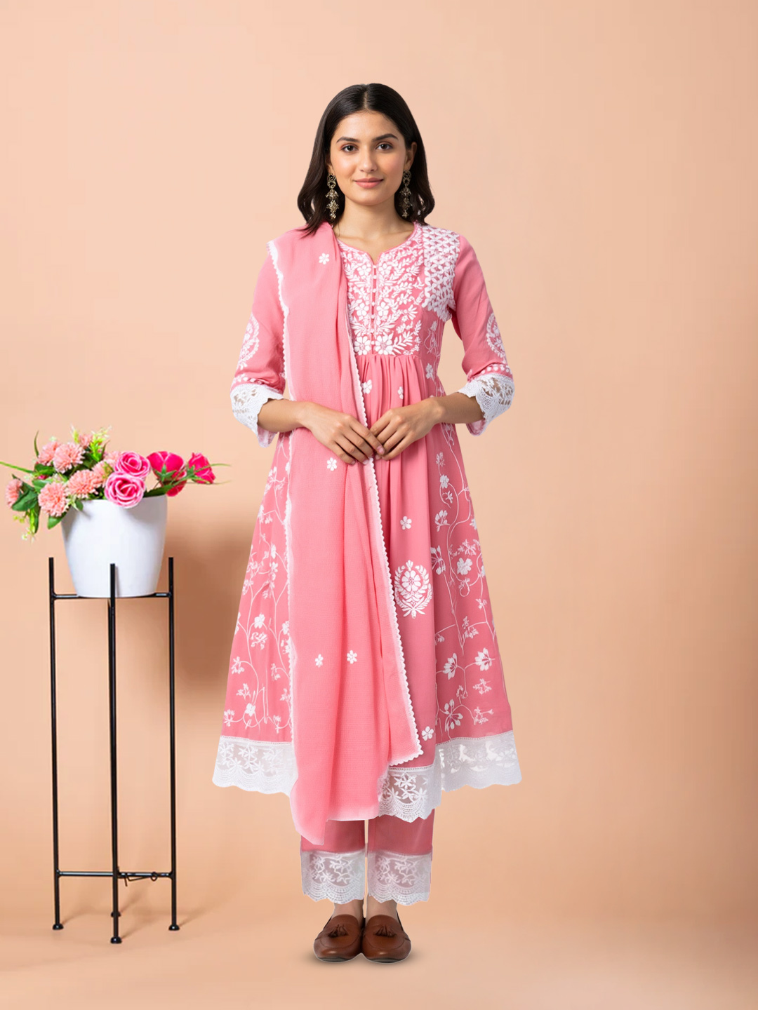 Embroidered Floral Motifs Decorative Lace Border Salwar Suit Set