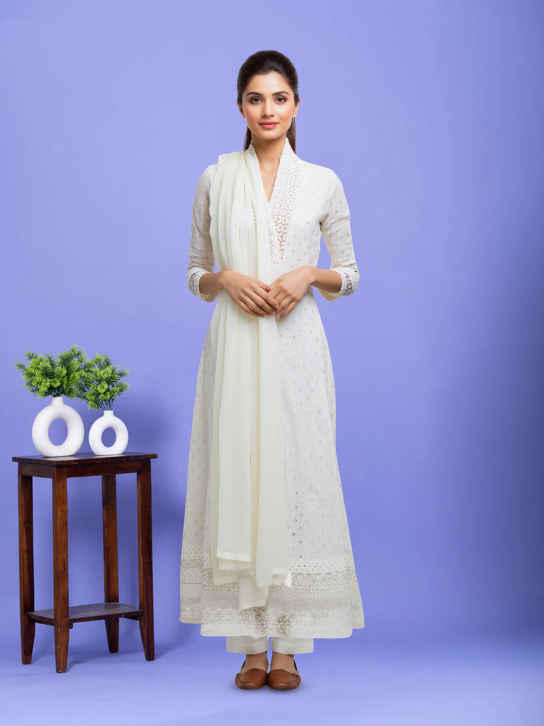 Embroidered Sequinned V-Neck Slightly Flared Salwar Suit Set