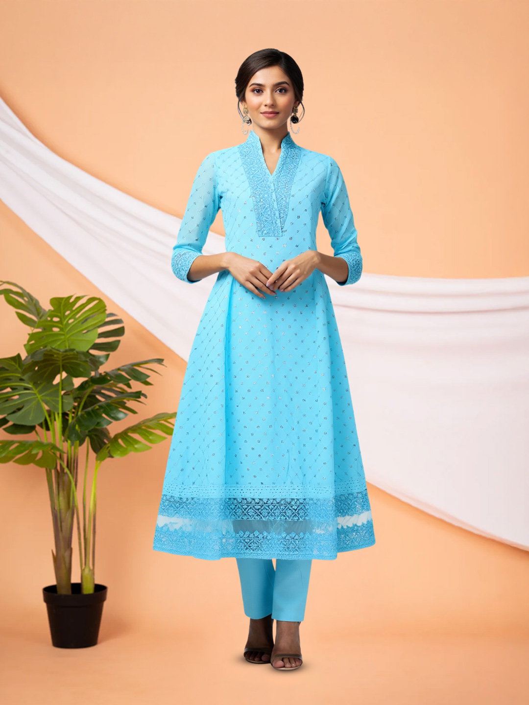Embroidered Sequinned V-Neck Slightly Flared Kurta with Pant Set