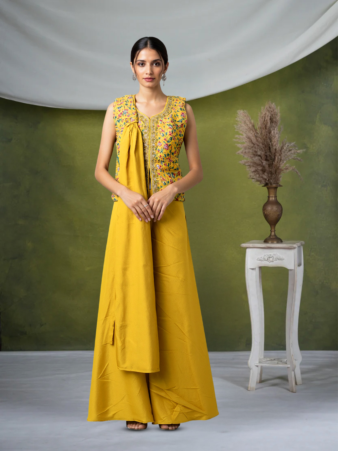 Floral Printed  Beads Work  Ethnic Short Kurti with Sharara & Dupatta Set