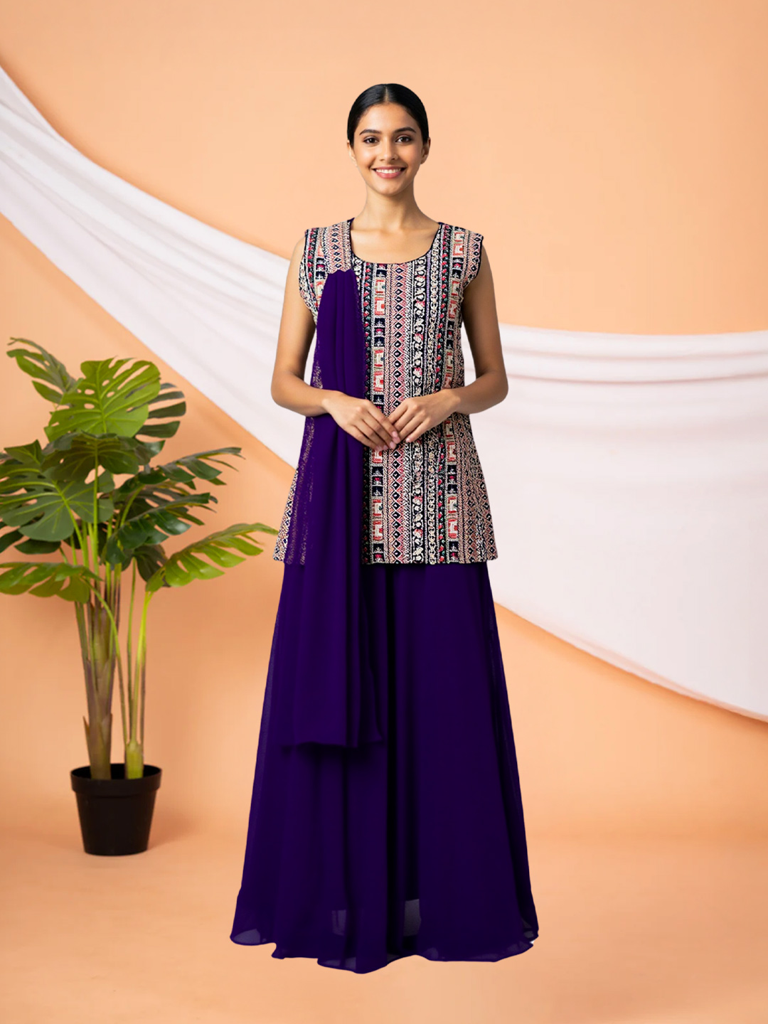 Traditional Ethnic Fusion Short Top with Sharara & Dupatta Set