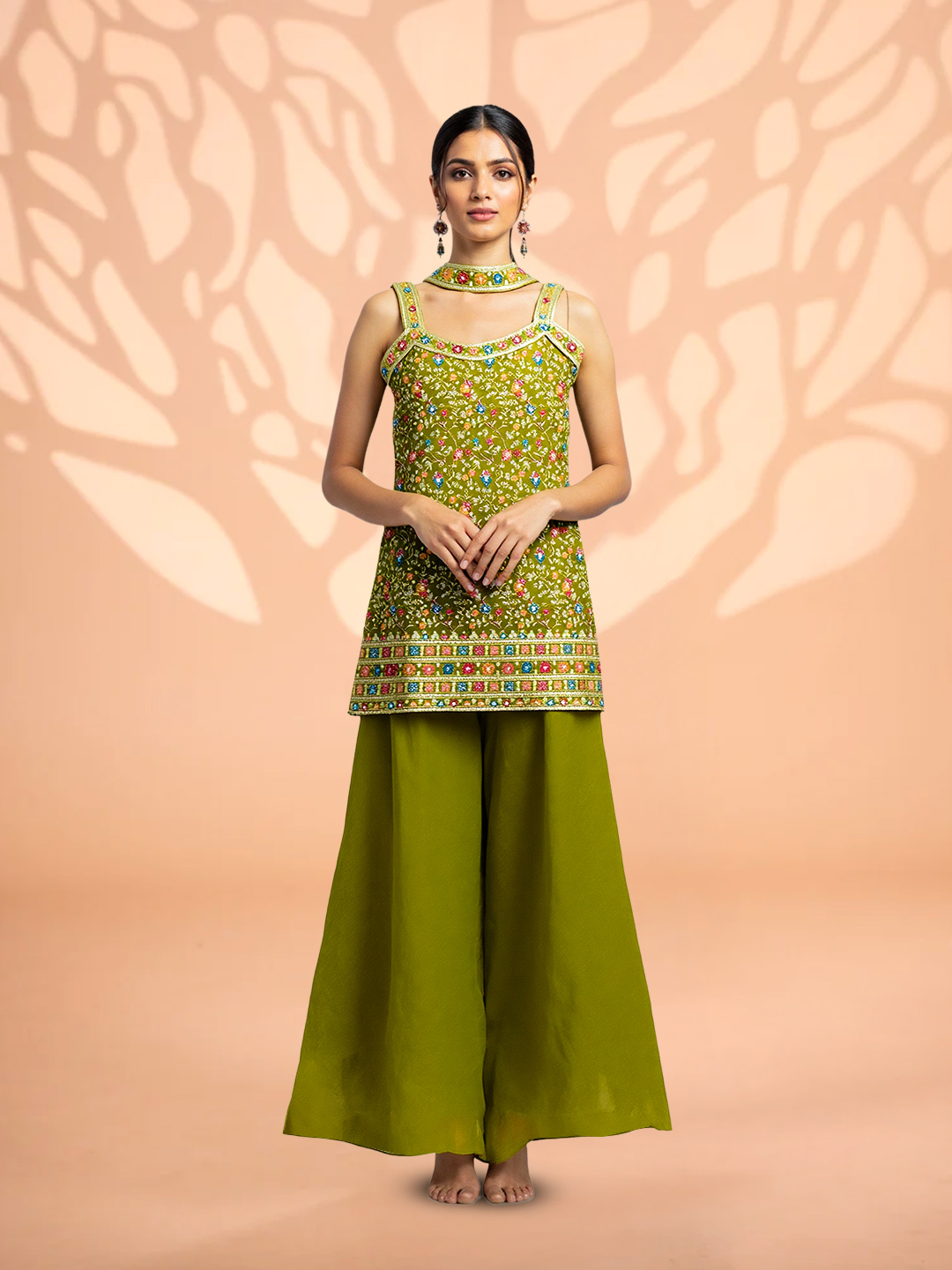 Multicolor Floral Embroidery Shimmer Sharara Suit Set